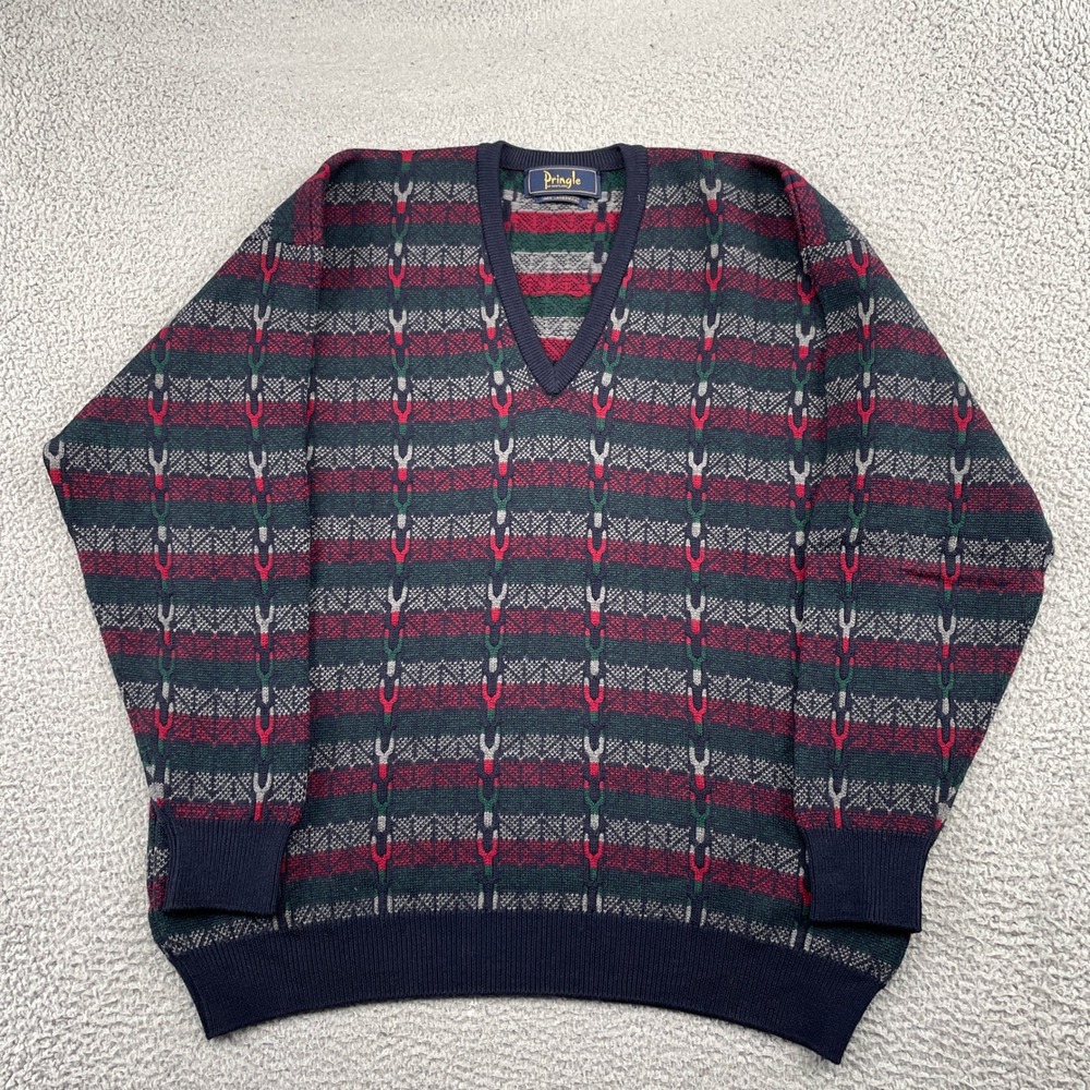 Pringle Sweater Mens L Navy Fair Isle V-Neck 100% Lambswool Made in Scotland